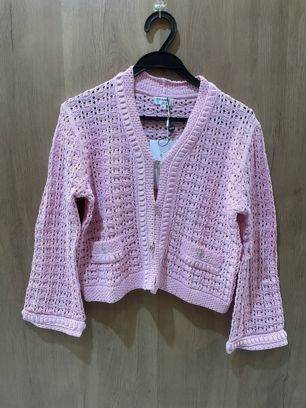 Chanel Pink Openwork Crochet V-Neck Cropped Cardigan CC Button Pockets